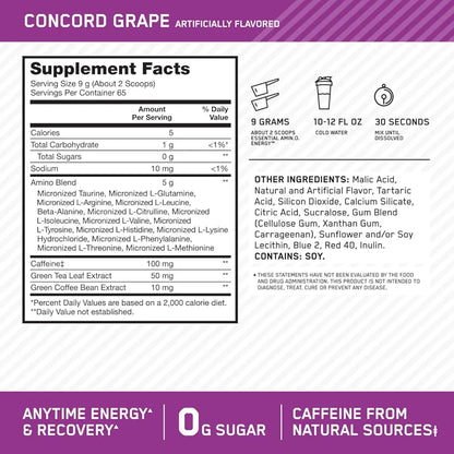 Optimum Nutrition Amino Energy - Pre Workout with Green Tea, BCAA, Amino Acids, Keto Friendly, Green Coffee Extract, Energy Powder - Concord Grape, 65 Servings 
