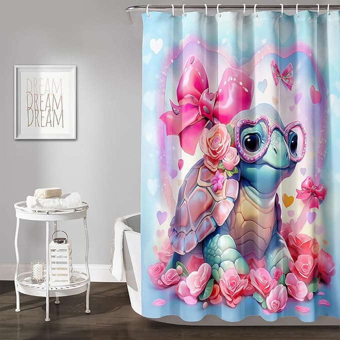 AILONEN Cute Sea Turtle Shower Curtain for Bathroom,Kawaii Turtle Pink Flower Print Bath Curtain 72" W*78" H,Girls Women Modern Decorative Waterproof Curtain with 12 Plastic Hooks