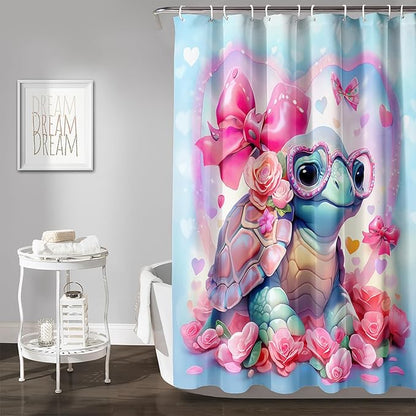 AILONEN Cute Sea Turtle Shower Curtain for Bathroom,Kawaii Turtle Pink Flower Print Bath Curtain 72" W*78" H,Girls Women Modern Decorative Waterproof Curtain with 12 Plastic Hooks