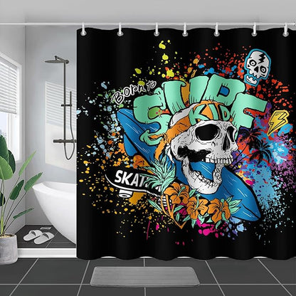 AILONEN Surf Skull Shower Curtain for Bathroom,Colorful Graffiti Flower Art Bathroom Curtain for Kids Boys Girls,Bath Curtain 72" W*96" H Polyester Waterproof Bathroom Curtain with 12 Hooks