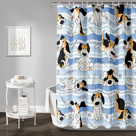 AILONEN Cartoon Dog Shower Curtain,Funny Beagle Active Dog Printed Shower Curtain, 48" W*72" H Waterproof Happy Cartoon Pet Dog Curtain with Grommets and 12 Hooks