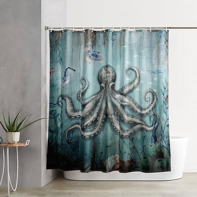 AILONEN 3D Ocean Octopus Shower Curtain Set for Bathroom,Sea Turtle Seahorse Animal Bath Curtain,Ocean Theme Waterproof Fabric Shower Curtain with Hooks,72" W*84" H