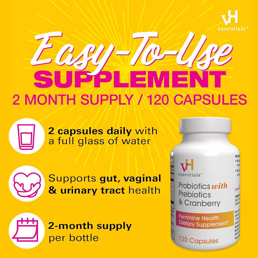 vH essentials Probiotics for Women with Prebiotics, Cranberry & Vitamin C - 120 Capsules  -Probiotics Support Gut Balance, Health & Urinary Tract Health for Women