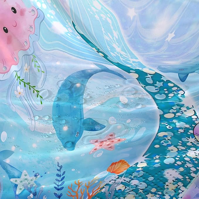 AILONEN Mermaid Tail Shower Curtain Set, Beautiful Glitter Mermaid Tail Cloth Bath Curtain for Bathroom,Cute Whale Jellyfish Polyester Waterproof Shower Curtain with Hooks,72" Wx72 H