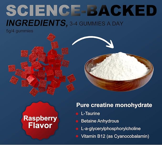 120 Creatine Monohydrate Gummies for Men & Women, Vegan-Friendly, Sugar-Free, & Tasty Chewables - Instantized Creatine Gummies for Enhanced Muscles Growth, Recovery, & Performance (Raspberry)