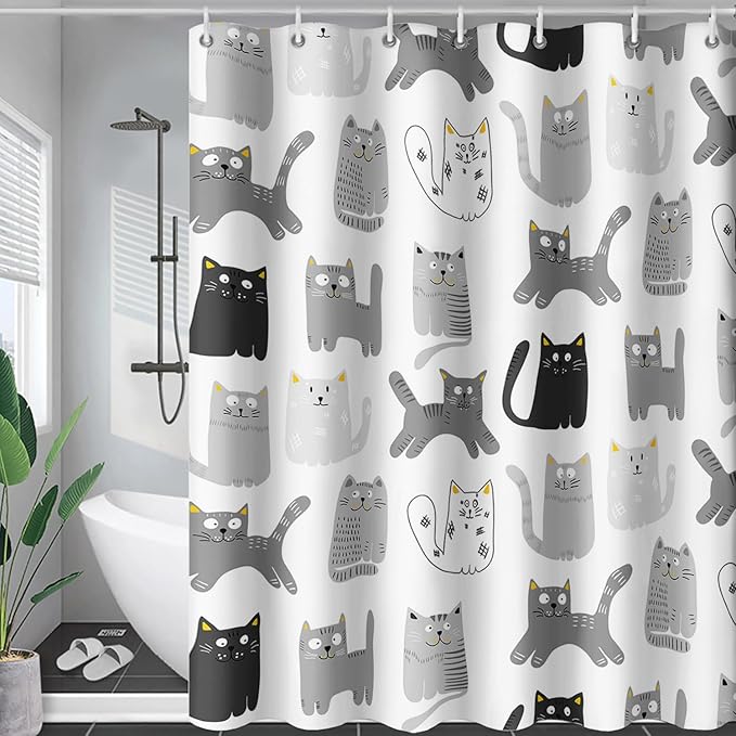 AILONEN Cat Shower Curtain 60" W*72" H Funny Cartoon Cat Grey Printed Bath Curtain Cat Theme Shower Curtain Minimalist Bathroom Curtain Decor Polyester Waterproof Curtain with 12 Hooks