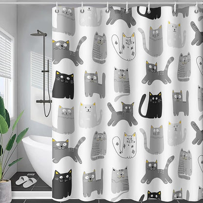 AILONEN Cat Shower Curtain 60" W*72" H Funny Cartoon Cat Grey Printed Bath Curtain Cat Theme Shower Curtain Minimalist Bathroom Curtain Decor Polyester Waterproof Curtain with 12 Hooks