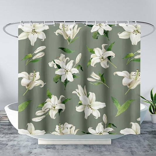 AILONEN Flower Shower Curtain, Vintage Garden Lilies Theme Waterproof Fabric Shower Curtain Set,Green Spring Flowers Bathroom Decor for Teen Girls Women,72" W*72" H