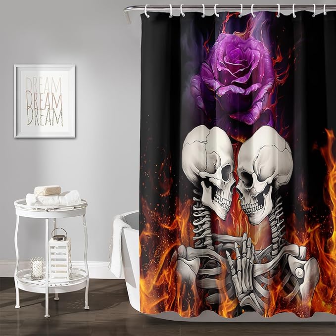 AILONEN Sugar Skull Shower Curtain,Fire Rose with Skeleton Design Shower Curtain Set with Hooks for Boys Girls Teens,Gothic Skull72 W*72" H