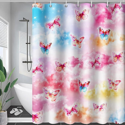 AILONEN Butterflies Shower Curtain Set, Colourful Butterfly Washable Fabric Shower Curtain for Girls,Shining Stars Waterproof Shower Curtain for Pink Lover,36" W*72" H