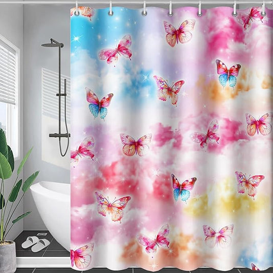 AILONEN Butterflies Shower Curtain Set, Colourful Butterfly Washable Fabric Shower Curtain for Girls,Shining Stars Waterproof Shower Curtain for Pink Lover,36" W*72" H
