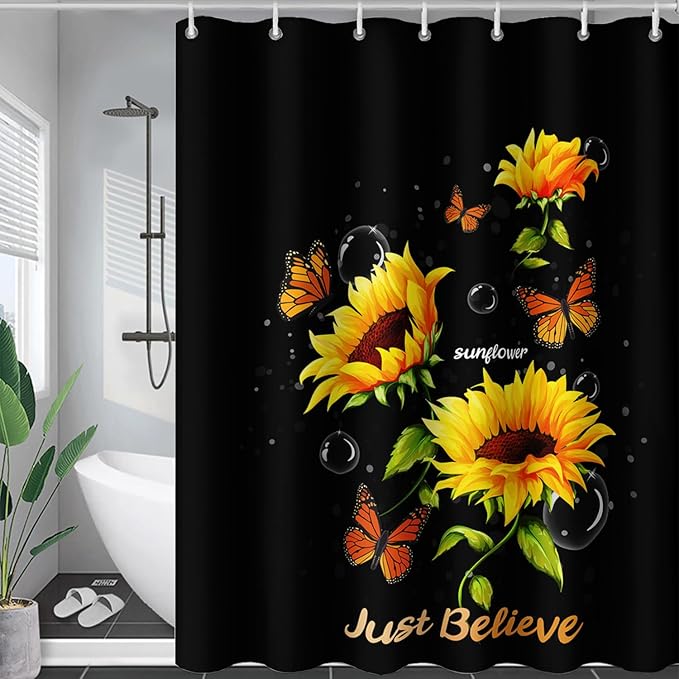 AILONEN Sunflower Shower Curtain for Bathroom,Butterfly Sunflower Bath Curtain Waterproof,Garden Yellow Flower Decor Bathroom Black Curtain with 12 Plastic Hooks, 72" W x 96" H