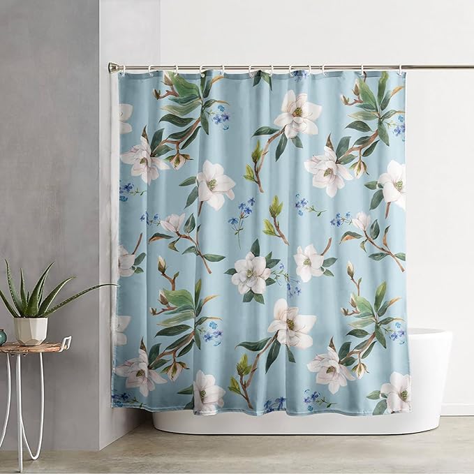 AILONEN Flower Shower Curtain, White Gardenia on Blue Background Fabric Shower Curtains for Bathroom,Elegant Floral Pattern Shower Curtain Set for Girls Women Couple,36" W*72" H