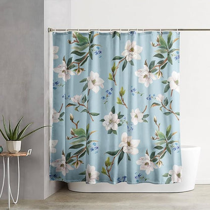 AILONEN Flower Shower Curtain, White Gardenia on Blue Background Fabric Shower Curtains for Bathroom,Elegant Floral Pattern Shower Curtain Set for Girls Women Couple,36" W*72" H