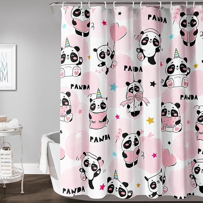 AILONEN Panda Shower Curtain for Bathroom, Cute Kawaii Panda Kids Bathroom Curtain,Pink Cartoon Bath Curtain 48" W*72" H Polyester Waterproof Bathroom Curtain with 12 Hooks
