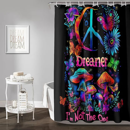AILONEN Mushroom Shower Curtain for Bathroom,Butterfly Flower Design,Polyester Fabric,Waterproof,Blue Purple Fungus Plants Black Bath Curtains Washable,with 12 Plastic Hooks, 72" W x 96" H