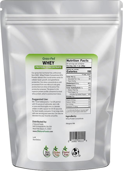 Z Natural Foods Whey Protein Concentrate - Clean Grass-Fed Whey Protein Powder from New Zealand - Cold Processed Pure Whey Protein with Essential Amino Acids for Nutrition & Fitness, Unflavored, 5 lbs