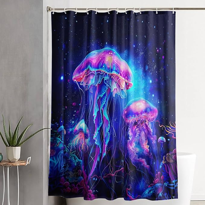 AILONEN Jellyfish Shower Curtain,Cartoon Magic Jellyfish Waterproof Fabric Shower Curtain Set for Bathroom,Boho Style Starry Night Coral Bath Curtain with Hooks for Kids Girls, 72" W*84" H