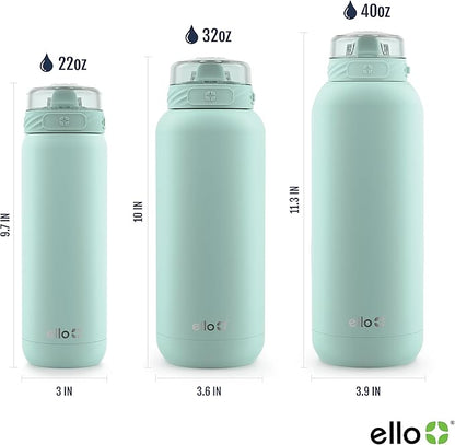 Ello Cooper 40oz Stainless Steel Water Bottle with Straw and Carry Handle, Double Walled and Vacuum Insulated Metal, Leak Proof Locking Lid with Soft Silicone Spout, Reusable, BPA Free, Yucca