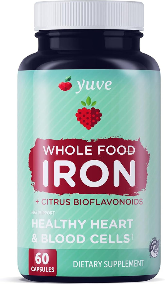 Yuve Whole Food Chelated Iron 18 mg Supplement - Formulated for Maximum Absorbption - Supports Healthy Heart & Blood Cells - Boosts Energy & Cognitive Functions - Vegan, Non-GMO, Gluten-Free - 60 Caps