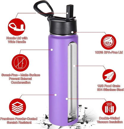 Volhoply 24oz Insulated Water Bottle With Straw Bulk 3 Pack,Metal Wide Mouth Water Bottles With Handle Lid,Reusable Double Wall Thermos,Powder Coated Sport Bottle For Holder(Lavender,3 Count)