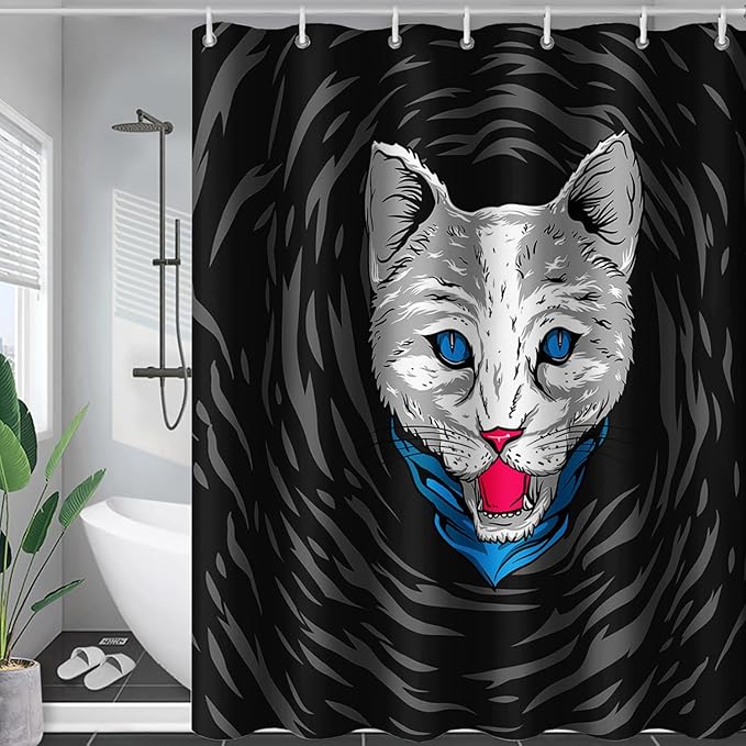 AILONEN Cat Shower Curtain,Cartoon Scream Cat Printed Bath Curtain for Teens,Polyester Waterproof for Bathroom,48" W*72" H with 12 Plastic Hooks