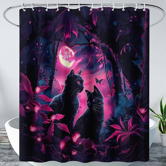 AILONEN Black Cat Shower Curtain,Cartoon Mother Son Kitten Shower Curtain Set for Kids Boys Girls,Boho Style Moon Shower Curtain with Hooks for Bathroom,48" W*72" H