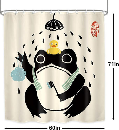 LGhtyro Funny Frog Shower Curtain Bathroom Set 60Wx71H Inches Cute Animal Bath Asian Style Traditional Japanese Art Rubber Duck Bath Accessories Retro Black Beige Art Home Decor Fabric 12 Pack Hooks