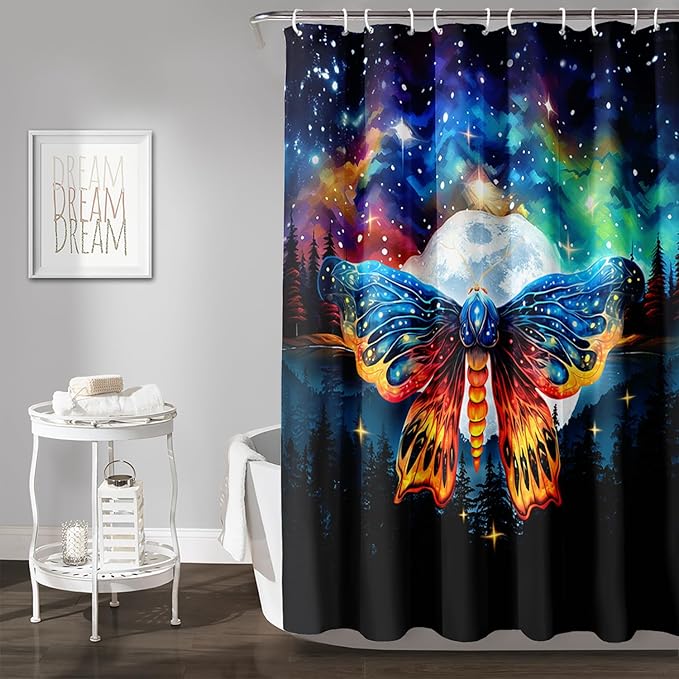 AILONEN Colorful Moth Shower Curtain,Galaxy Moon Moth Bath Curtain for Bathroom Decor,Polyester Waterproof with 12 Plastic Hooks 72" W*96" H