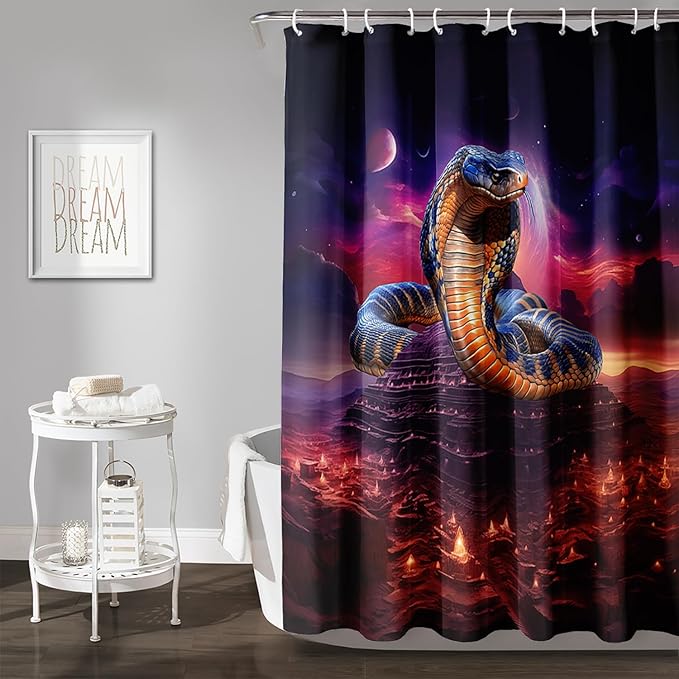AILONEN 3D Snake Shower Curtain,Red Starry Retro Pyramid Snake Bath Curtain for Bathroom Decor,Terror Snake Printed Polyester Waterproof with 12 Plastic Hooks 72" W*84" H