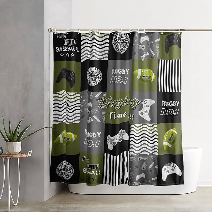 AILONEN Gamer Shower Curtain,Olive Green Ball Sports Waterproof Fabric Shower Curtain for Boys Kids Teens, 36" W*72" H Gaming Gamer Theme Shower Curtain Sets
