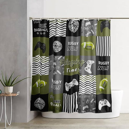 AILONEN Gamer Shower Curtain,Olive Green Ball Sports Waterproof Fabric Shower Curtain for Boys Kids Teens, 36" W*72" H Gaming Gamer Theme Shower Curtain Sets