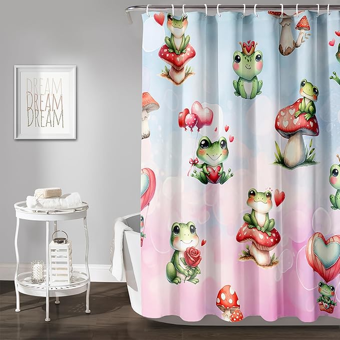 AILONEN Cartoon Frog Shower Curtain,Green Frog with Red Mushroom Roses Bathroom Curtain for Kids Boys Girls,Kawaii Amphibian Animal Waterproof Fabric Shower Curtains for Bathroom,48" W*72" H