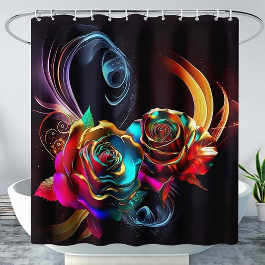 AILONEN Gold Rose Flower Shower Curtain for Kids Girls Teens,Butterfly Rose Flower Bath Curtain for Bathroom Decor,Romantic Polyester Waterproof with 12 Plastic Hooks 72" W*72" H