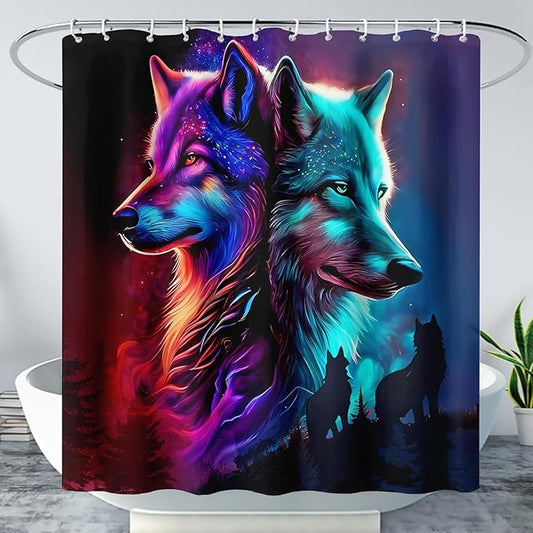 AILONEN Wolf Shower Curtain,Evening Howling Wolf Bath Curtain for Bathroom Decor,Wildlife Shower Curtain for Teens,Polyester Waterproof with Plastic Hooks 36" W*72" H