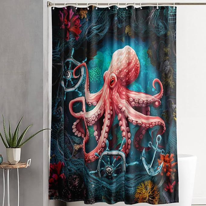 AILONEN Cartoon Red Octopus Shower Curtain for Bathroom,Octopus Tentacles Bath Curtain for Kids,Boys,Girls,Anchor Ocean Animal Theme Waterproof Fabric Shower Curtain Set with Hooks,72" W*72" H