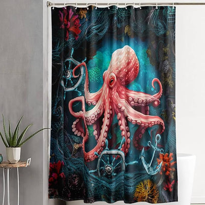 AILONEN Cartoon Red Octopus Shower Curtain for Bathroom,Octopus Tentacles Bath Curtain for Kids,Boys,Girls,Anchor Ocean Animal Theme Waterproof Fabric Shower Curtain Set with Hooks,72" W*72" H