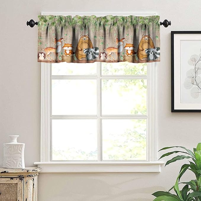 Cartoon Window Valance, Kids Woodland Animal Print Bears Deer Trees Leaves Forest Kitchen Valance for Living Room Nursery Bedroom Nursery Decor with Rod Pocket 54x24 Inch, 3 Piece