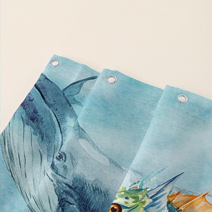 AILONEN Seahorse Shower Curtain for Bathroom,Watercolor Seahorse Bath Curtain,Blue Ocean Animal Whale Coral Fish Shower Curtain Waterproof with 12 Plastic Hooks, 72" W*84" H