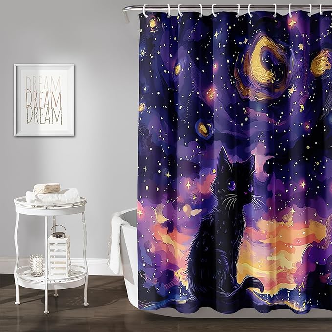 AILONEN Black Cat Shower Curtain,Cartoon Mother Son Kitten Shower Curtain Set for Kids Boys Girls,Boho Style Starry Night Shower Curtain with Hooks for Bathroom,36" W*72" H