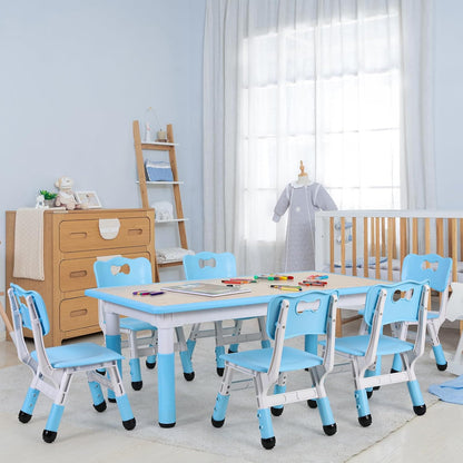 Kids Table and 6 Chairs Set, Height Adjustable Graffiti Desk, Preschool Activity Art Craft Table, for Daycare Classroom Home Boys and Girls Age 3-12 (Blue)