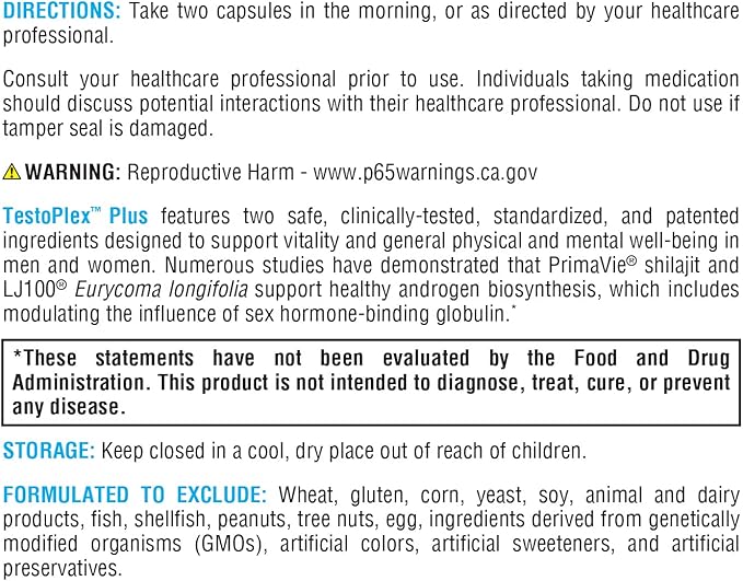 XYMOGEN TestoPlex Plus - Supports Healthy Testosterone Levels, Cognition, and Overall Vitality - Shilajit + Eurycoma longifolia Extract Supplement for Men and Women (120 Capsules)