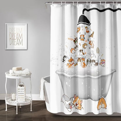AILONEN Cute Corgi Shower Curtain for Kids 72" W*84" H Inch,Cartoon Dog Funny Animals Nursery Lovely Hilarious,12 Pack Hooks Polyester Waterproof Fabric Decor for Bathroom Bathtub Panels