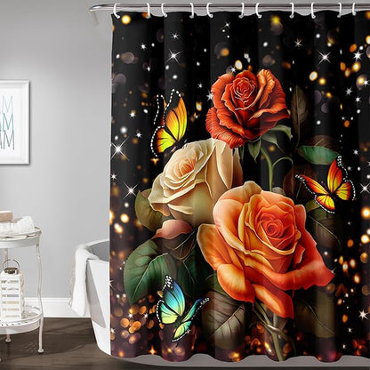 AILONEN Rose Flower Shower Curtain for Bathroom, Glitter Starry Flower Print Bath Curtain,Modern Botanical Floral Butterfly Waterproof Shower Curtain Decoration with 12 Plastic Hooks, 72" W*78" H