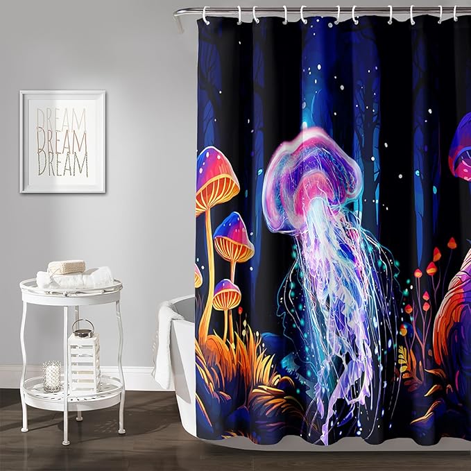 AILONEN Beautiful Jellyfish Shower Curtain,Magic Mushroom Waterproof Fabric Bath Curtain for Kids Girls,Boho Style Mysterious Planet Shower Curtain Set for Bathroom, 72" W*84" H