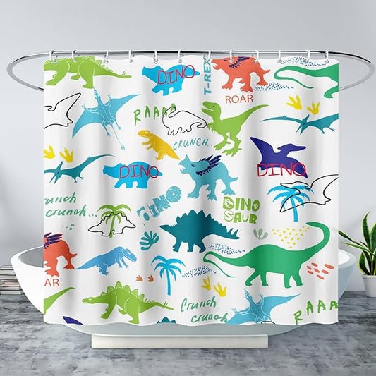 AILONEN Cartoon Dinosaur Shower Curtain for Kids Boys 72" W*84" H Inch,Colorful Dinosaur Pattern Shower Curtain,12 Pack Hooks Polyester Waterproof Fabric Decor for Bathroom