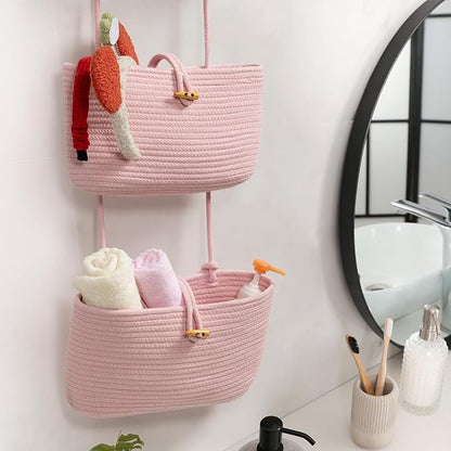 TeoKJ Over the Door Hanging Baskets with Button Strap, 3-Tier Woven Cotton Storage Organizer Bag, Wall-Mounted with Hook Decorative Hanging Nursery Baskets - Pink