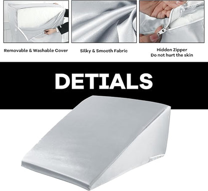 HOMBYS Satin Bed Wedge Pillow Cover Silky & Smooth Wedge Pillowcase 1 Pack 24x24x12, Soft & Breathable, Removable & Machine Washable-Zipper Design (Pillow Not Include), Light Grey