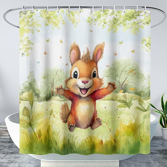 AILONEN Cartoon Cute Squirrel Shower Curtain,Kawaii Squirrel Bathroom Curtains for Kids,Girls,Tie Dye Tree Shower Curtains Set with Hooks for Bathroom,72" W*84" H