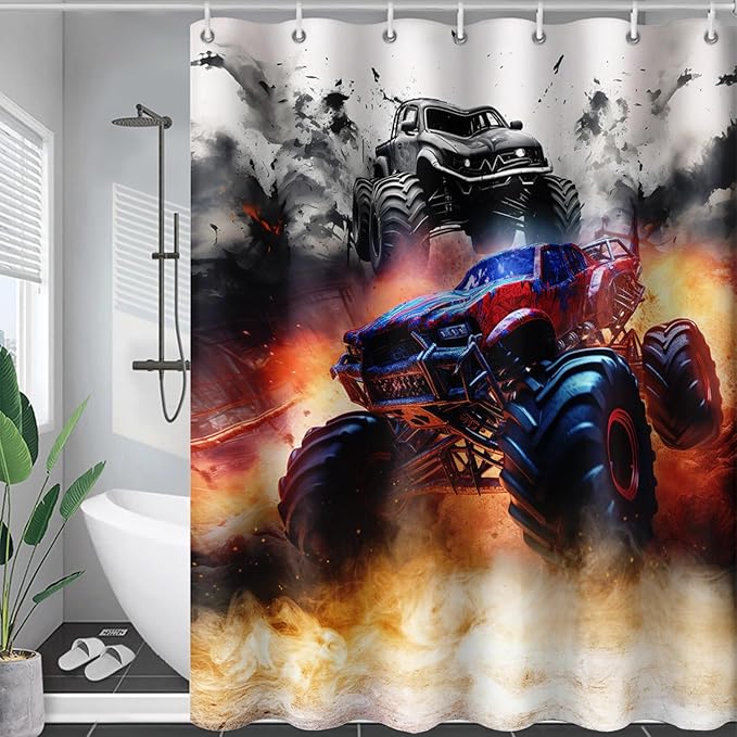 AILONEN Boys Monster Truck Shower Curtain for Bathroom, Watercolor Truck Bath Curtain,Cartoon Truck Shower Curtain for Kids Teen,Waterproof Curtain Bathroom 48" W*72" H Decor with 12 Plastic Hooks